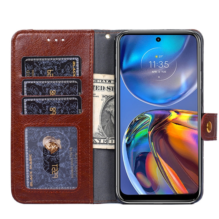 Brown leather wallet phone case open with card slots and magnetic strap