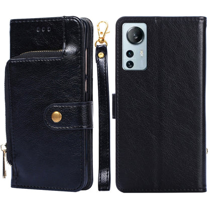 Black leather zipper phone case with flip cover and camera cutout on back