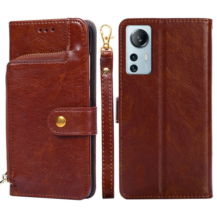 Brown leather zipper phone case with flip cover and camera cutout on back