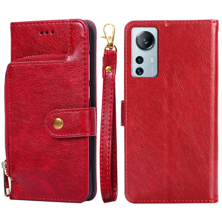 Red leather zipper phone case with flip cover and camera cutout on back