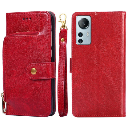 Red leather zipper phone case with flip cover and camera cutout on back