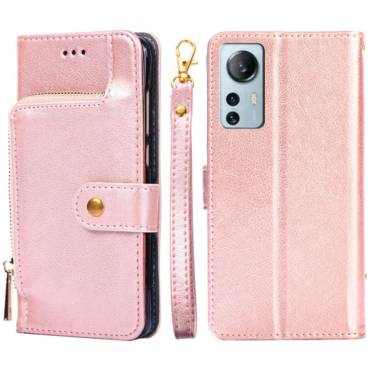 Rose gold leather zipper phone case with flip cover and camera cutout on back