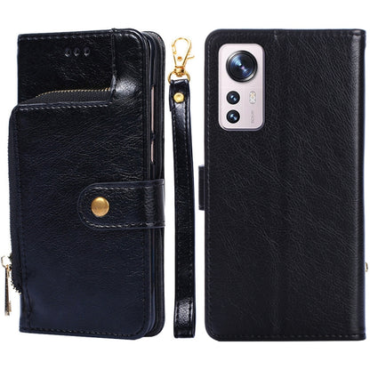 Black leather wallet phone case with zipper pull and card slot flap