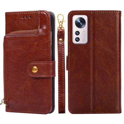 Brown leather wallet phone case with zipper pull and card slot flap