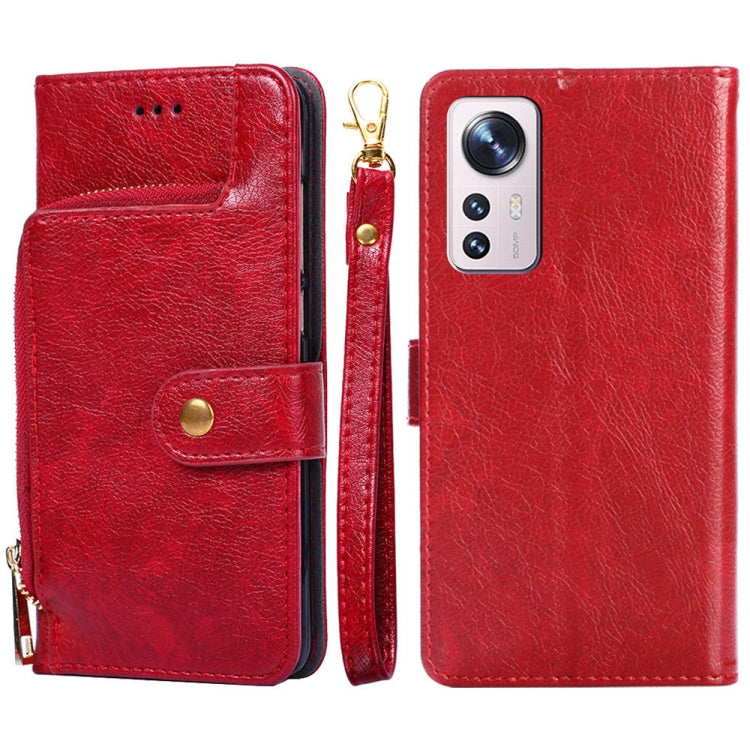 Red leather wallet phone case with zipper pull and card slot flap