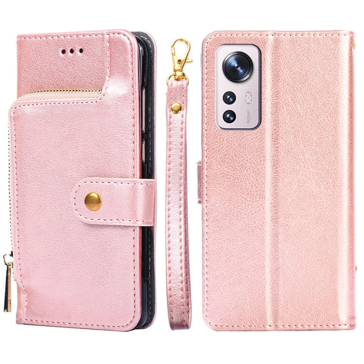 Rose pink leather wallet phone case with zipper pull and card slot flap