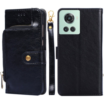 Black leather wallet phone case with zipper pull and card slot flap
