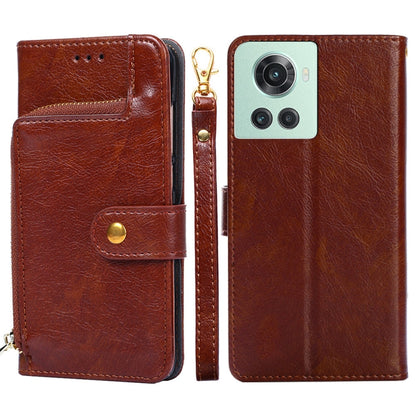 Brown leather wallet phone case with zipper pull and card slot flap