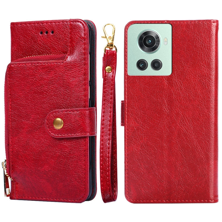 Red leather wallet phone case with zipper pull and card slot flap