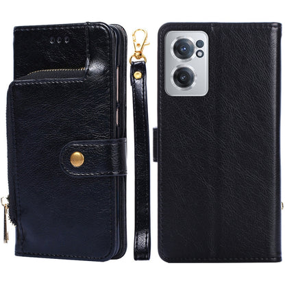 Black leather wallet phone case with zipper pull and card slot flap