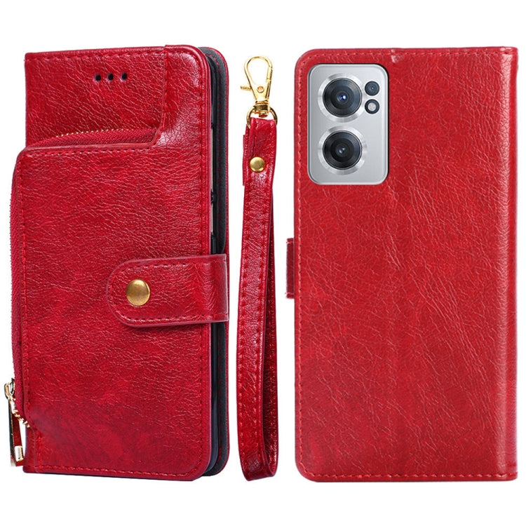 Red leather folio phone case with card slot, magnetic strap, and zipper wrist strap