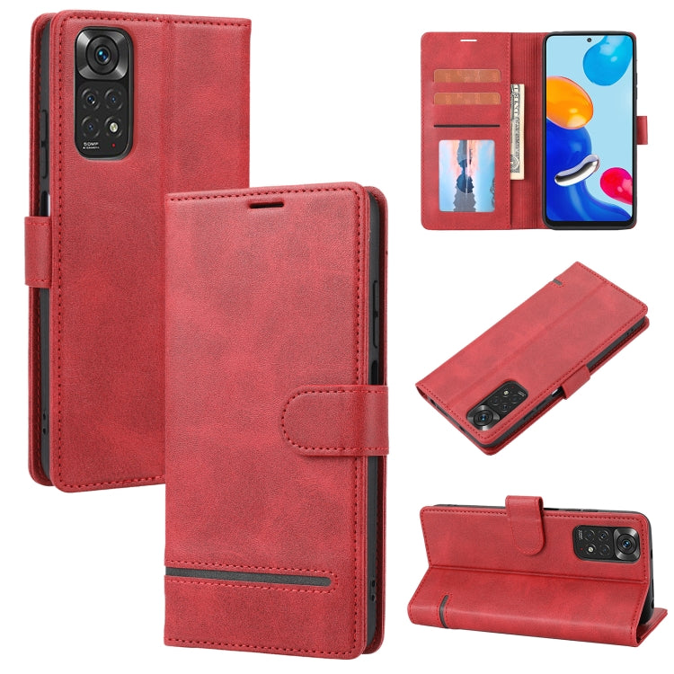 Red flip leather wallet phone case with stitched folio, card slots, and camera cutout