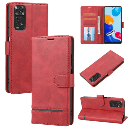 Red flip leather wallet phone case with stitched folio, card slots, and camera cutout