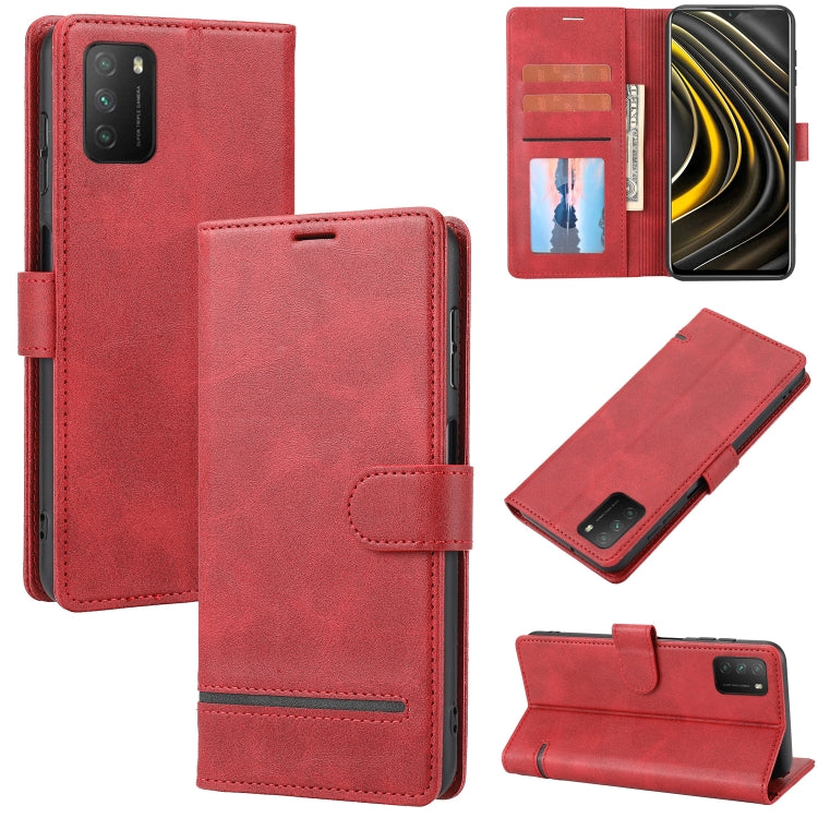 Red leather wallet flip phone case with card slots and magnetic clasp