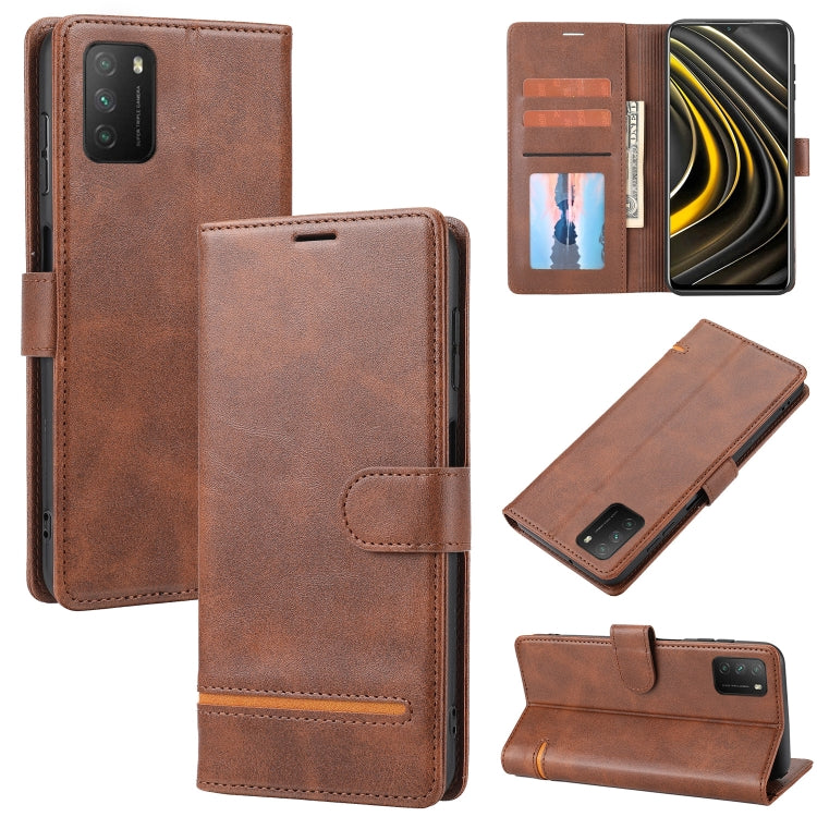 Brown leather flip phone wallet case with card slots and magnetic closure.
