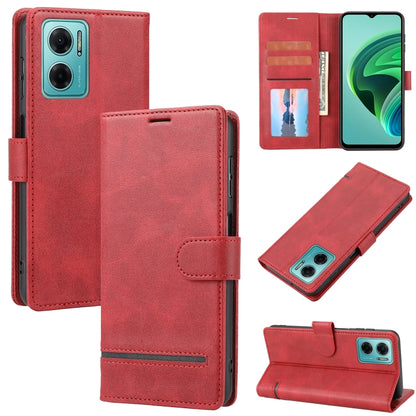 Red leather flip phone wallet case with card slots and magnetic closure.