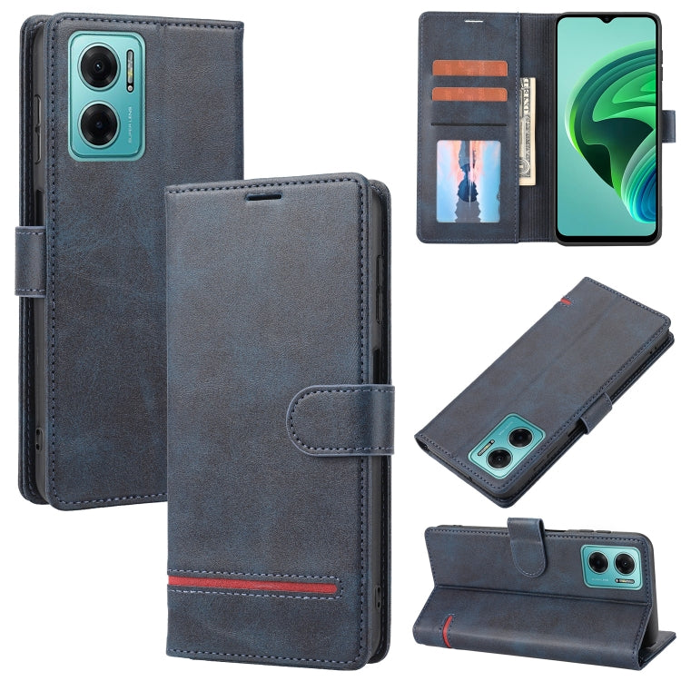 Blue-gray leather flip phone wallet case with card window and magnetic closure.
