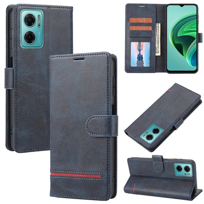 Blue-gray leather flip phone wallet case with card window and magnetic closure.