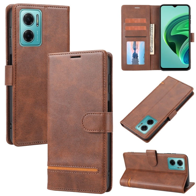 Brown leather flip phone wallet case with magnetic strap and card slots