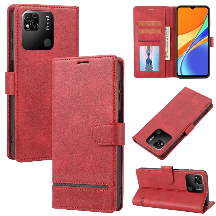 Red leather flip phone wallet case with magnetic strap and card slots