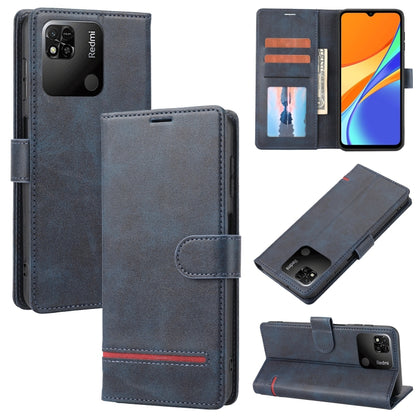 Blue leather flip phone wallet case with magnetic strap and card slots