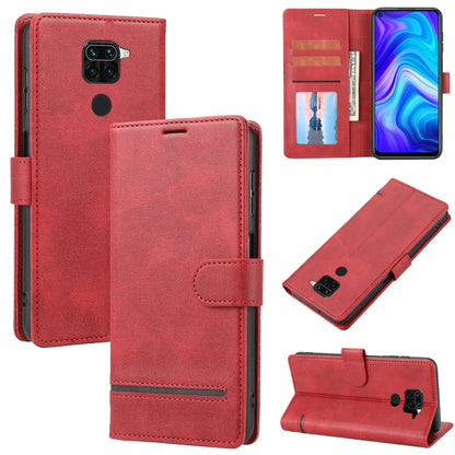 Red leather wallet flip phone case with card slots and camera cutout