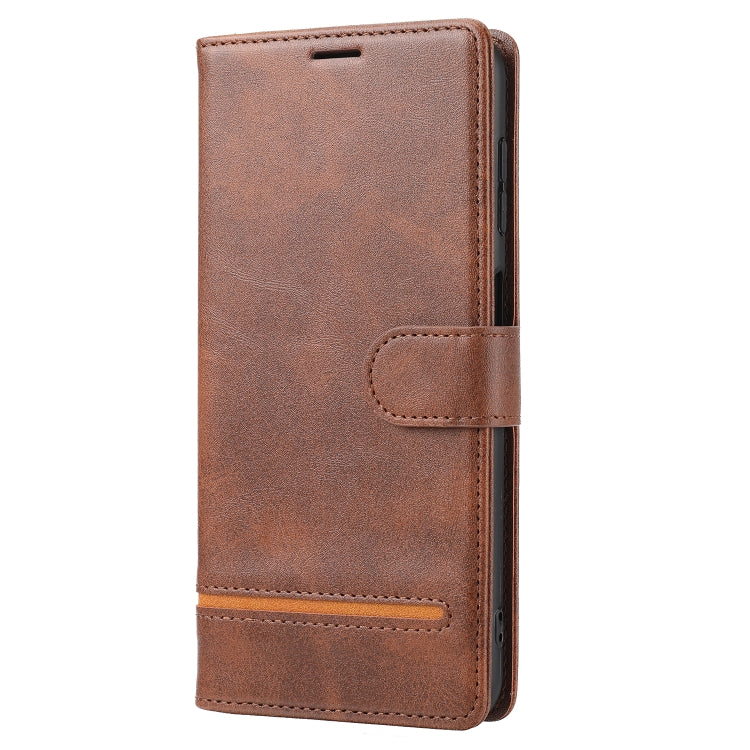 Brown leather wallet flip phone case with front cover and side strap tab