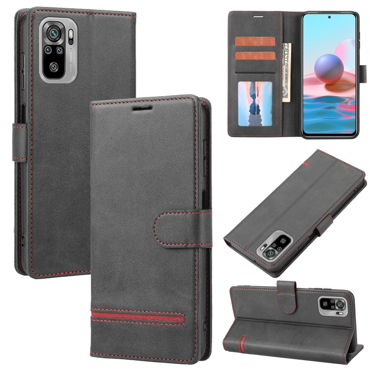 Black leather flip phone case with wallet card slots and stitched trim.