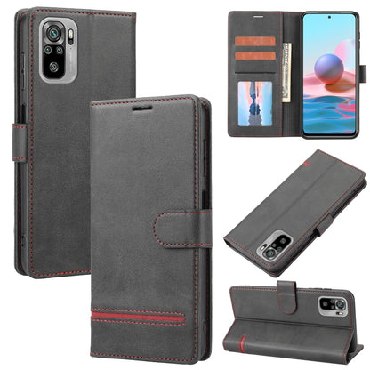 Black leather flip phone case with wallet card slots and stitched trim.
