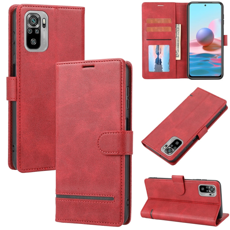 Red leather flip phone case with wallet card slots and stitched edges.