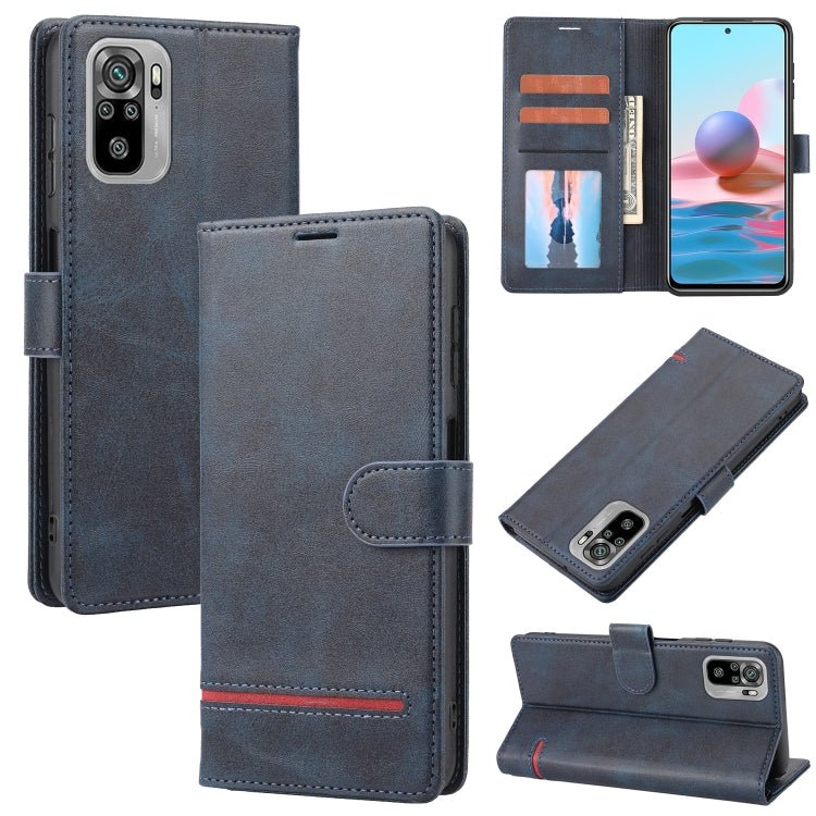 Dark blue leather flip phone case with wallet card slots and stitched border.