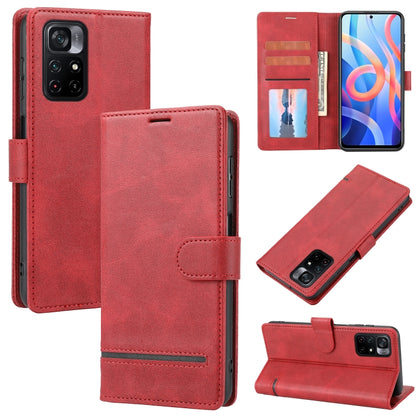 Red leather flip phone case with wallet card slots and front pocket.