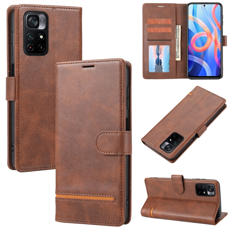 Tan brown leather flip phone case with wallet card slots and stitched trim.