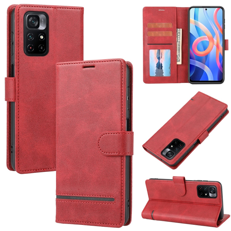 Red leather wallet flip phone case with card slots and camera window