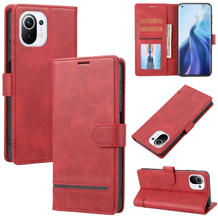 Red leather wallet flip phone case with card holder and stand, camera cutout