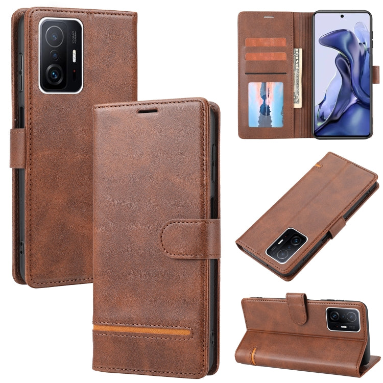 Brown leather flip phone case with card slots and front magnetic cover