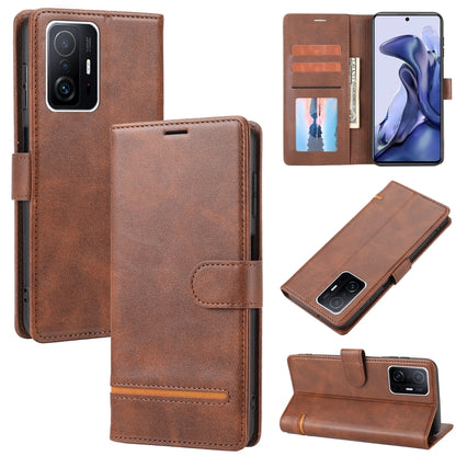 Brown leather flip phone case with card slots and front magnetic cover