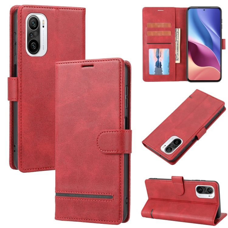 Red leather wallet flip phone case with card slots and magnetic folio closure.