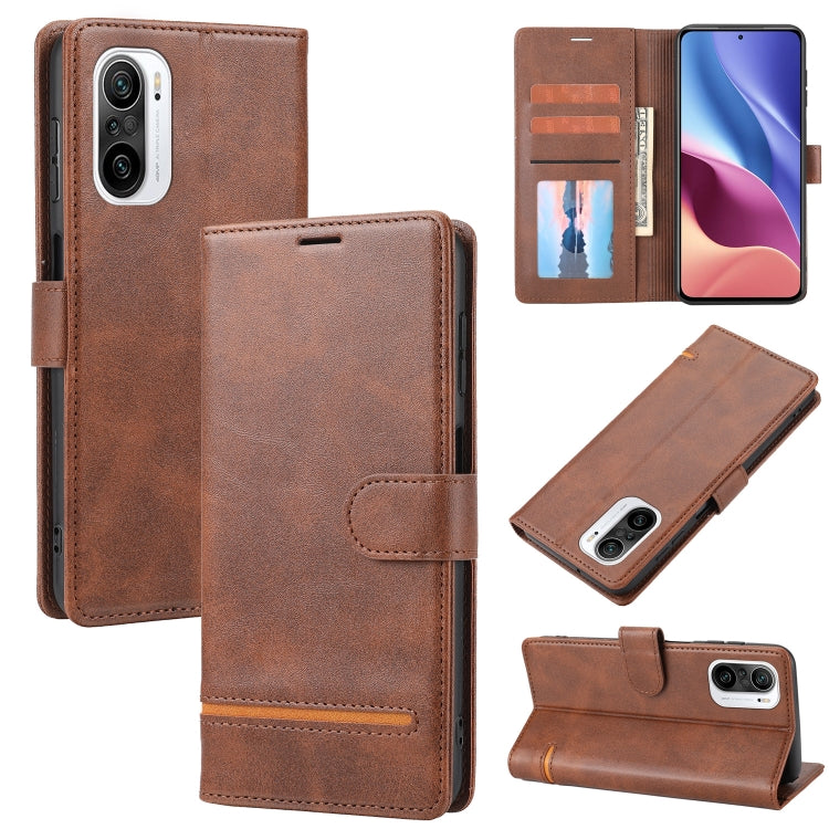 Brown leather wallet flip phone case with card slots and magnetic closure