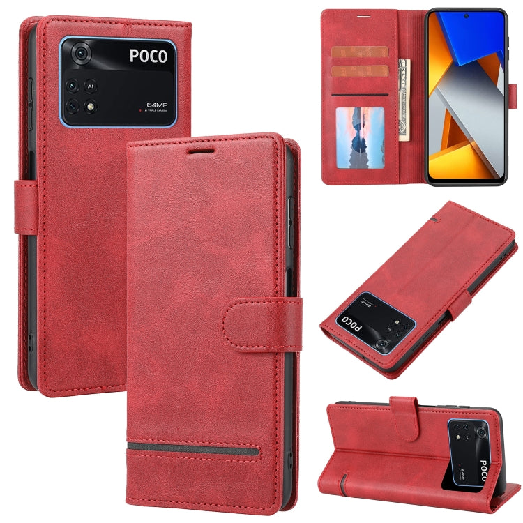 Red leather wallet flip phone case with card slots and magnetic closure