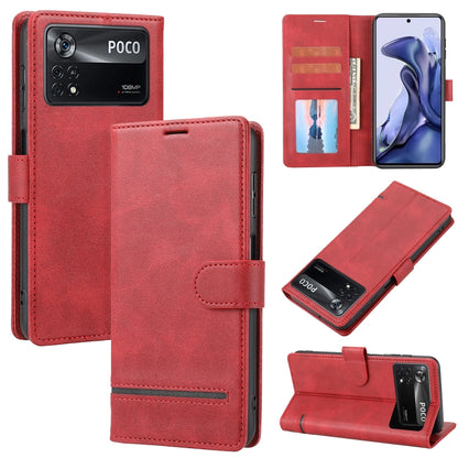 Red leather wallet flip phone case with card slots, ID window, and magnetic clasp