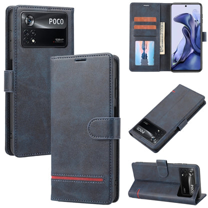Blue leather wallet flip phone case with card slots, ID window, and stand