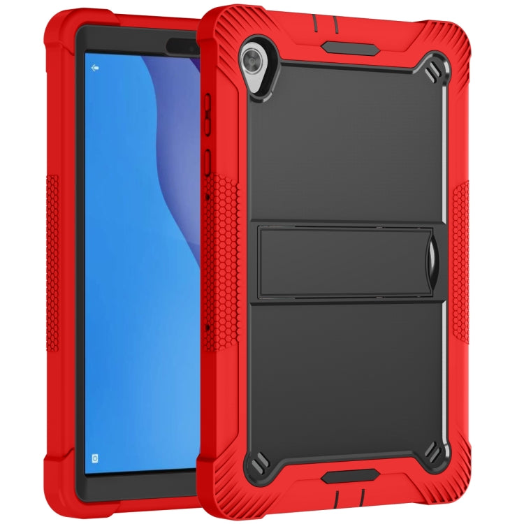 Red and black kickstand tablet case with textured grip and rear camera opening