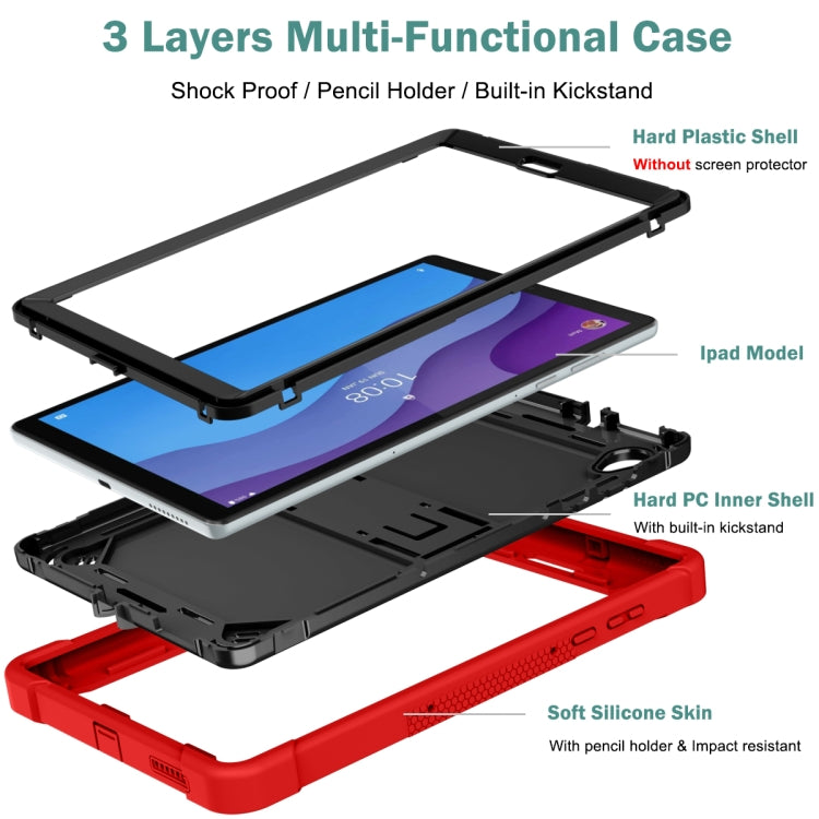Red tablet case showing 3 layers: hard shell, soft silicone, and built-in kickstand
