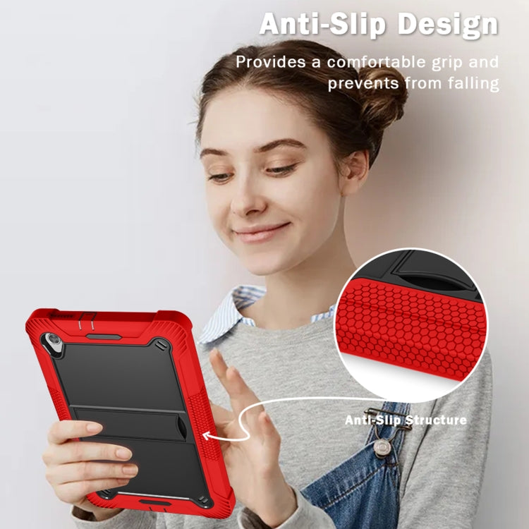 Red anti-slip tablet case with kickstand and textured grip for secure holding