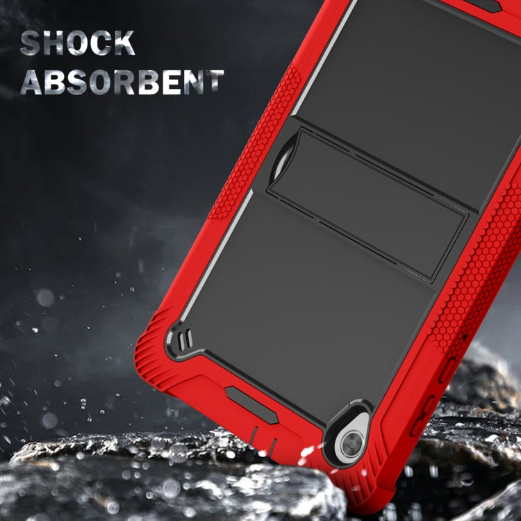 Red shockproof tablet case with textured bumper and raised protection around camera