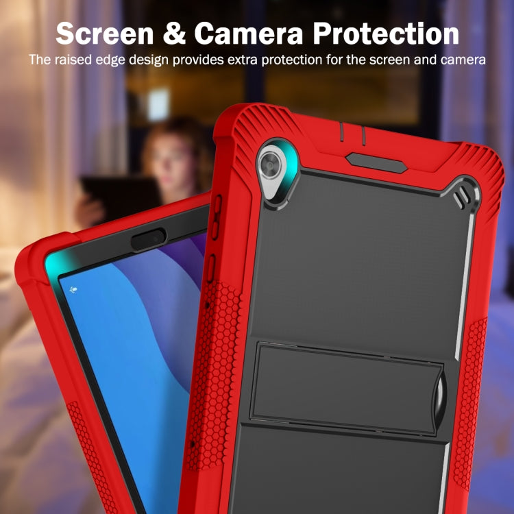 Red tablet case with raised screen and camera edges, textured grip, and kickstand