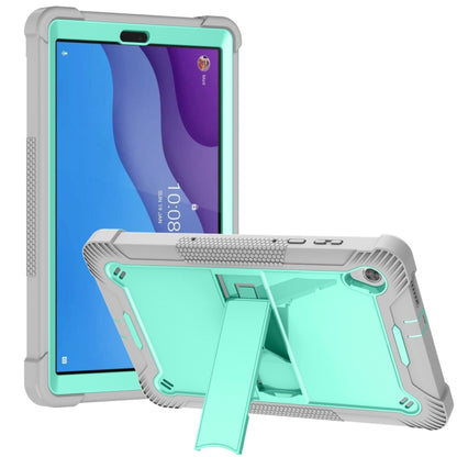 Grey and mint tablet case with kickstand, textured grip, and camera cutout