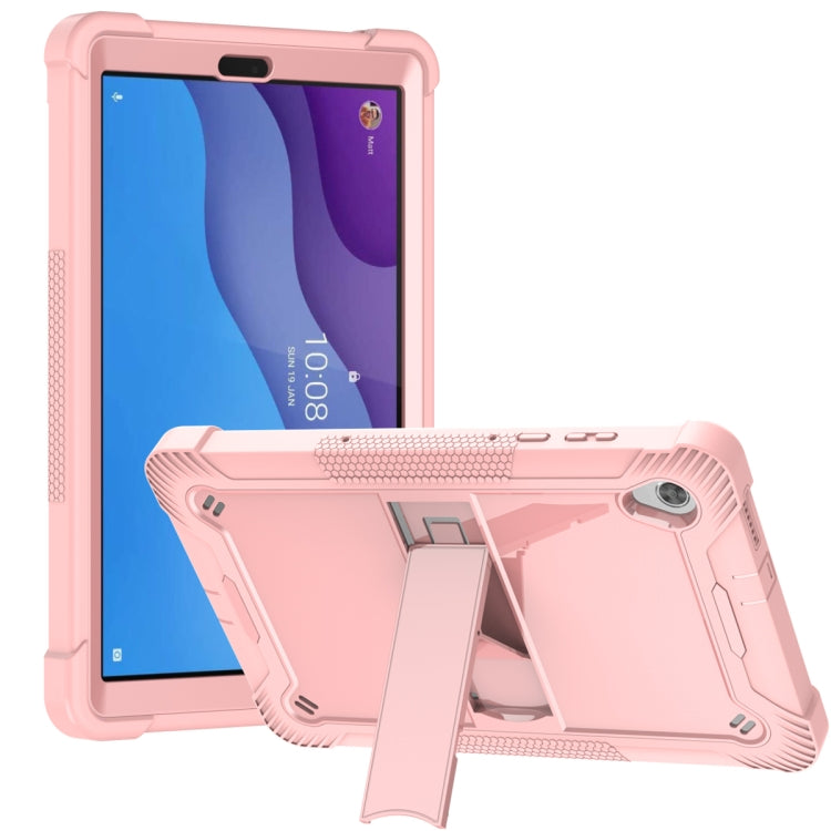 Rose gold and dark silicone tablet case with built-in stand and camera cutout