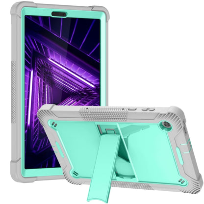 Grey and mint tablet case with kickstand in viewing position and rear camera opening